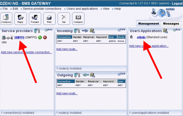 admin user and smpp connection