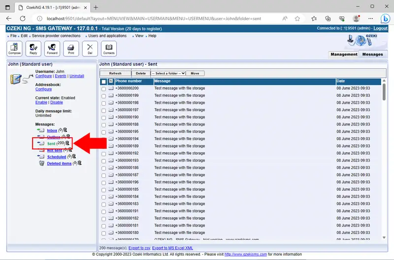 sent messages from database in ozeki ng sms gateway