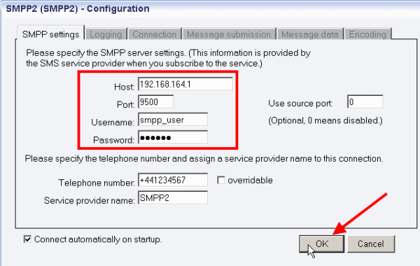 the smpp setting tab