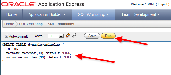 sql command for creating dynamicvariables table