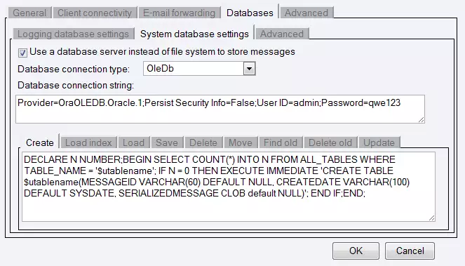 sql sms database settings