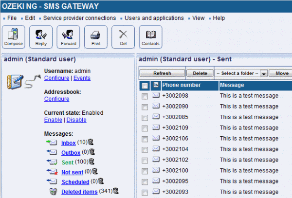 sent box of ozeki ng sms gateway after sending bulk sms messages