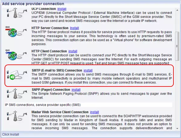 install the smtp email to sms connection