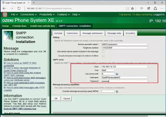 configuring the smpp connection