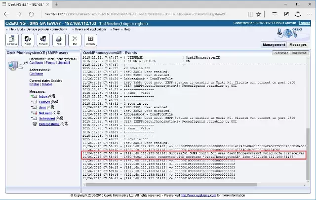 log from the successful connection in the sms gateway