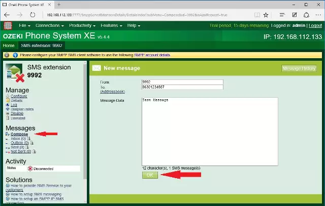 sms interface in the pbx