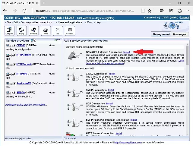 adding the gsm modem service provider