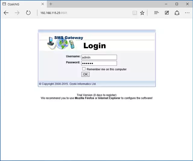 logging into ozeki ng sms gateway