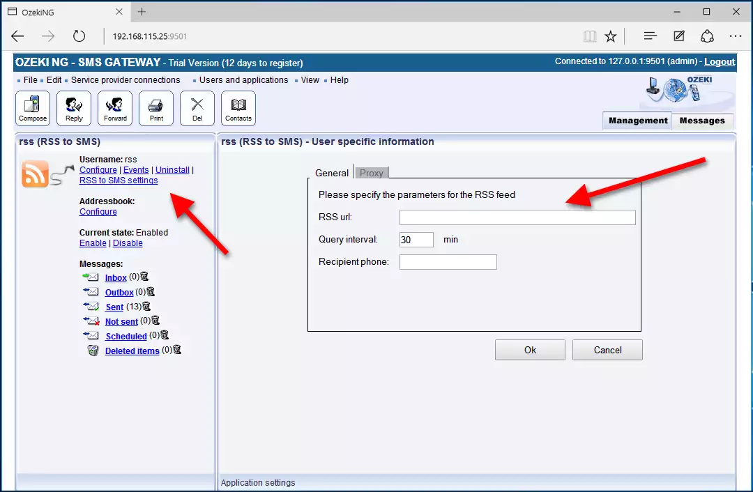 setting rss to sms