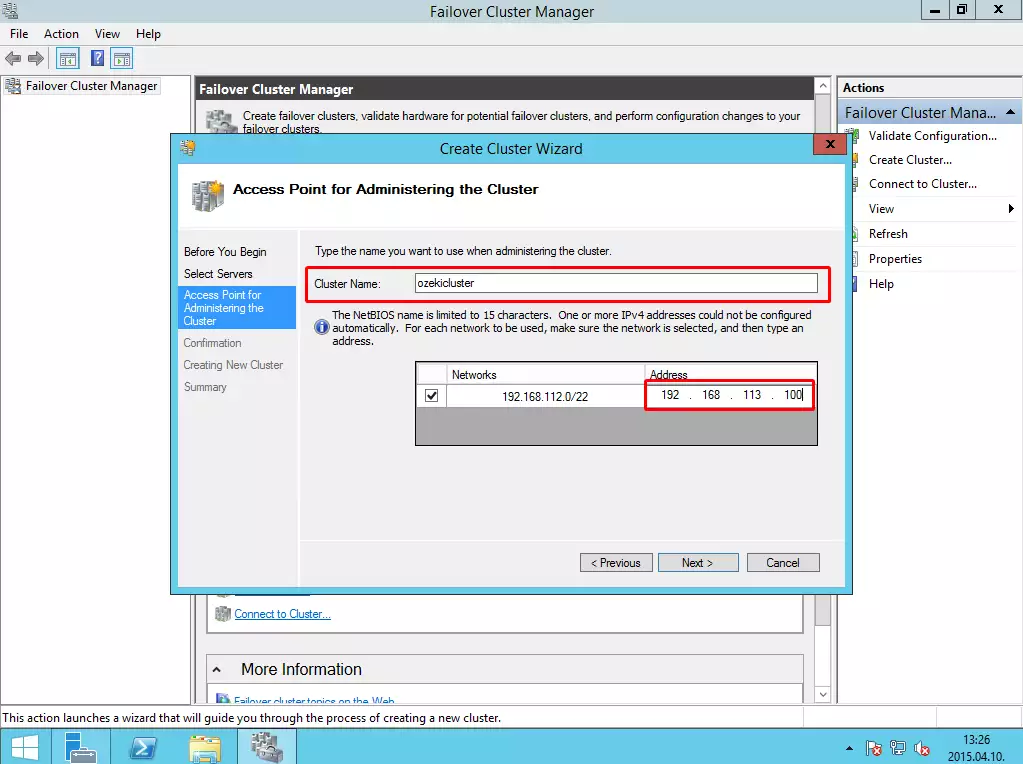 specifying the clusters name and ip address