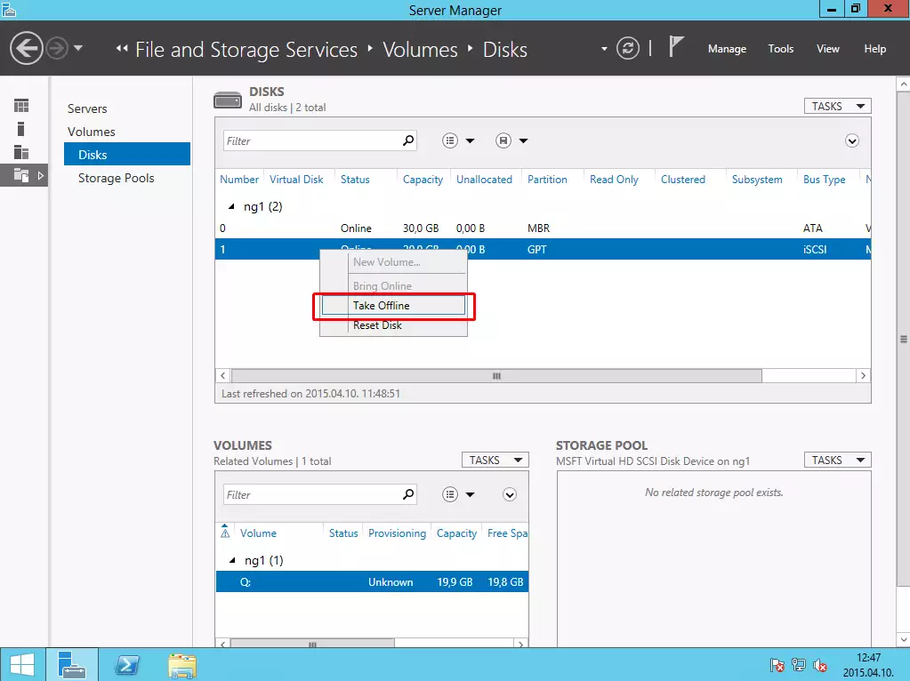 make the disk on the first node offline