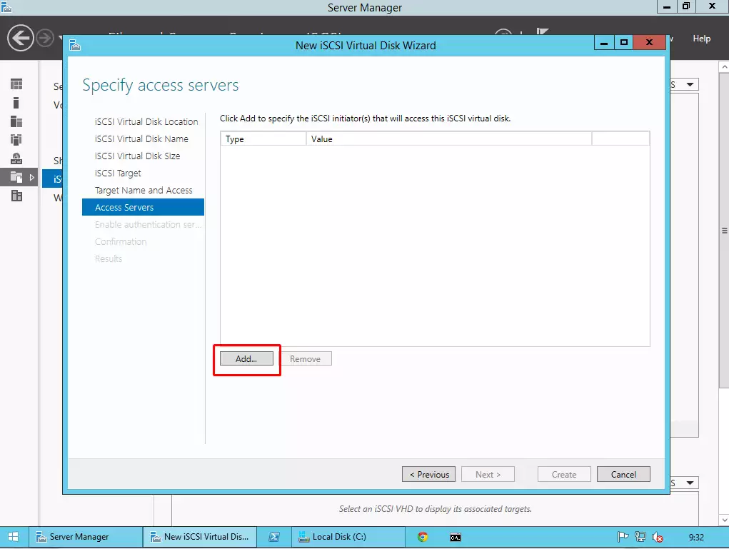 specifying the server which has access for the virtual disk