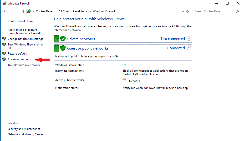 windows firewall settings