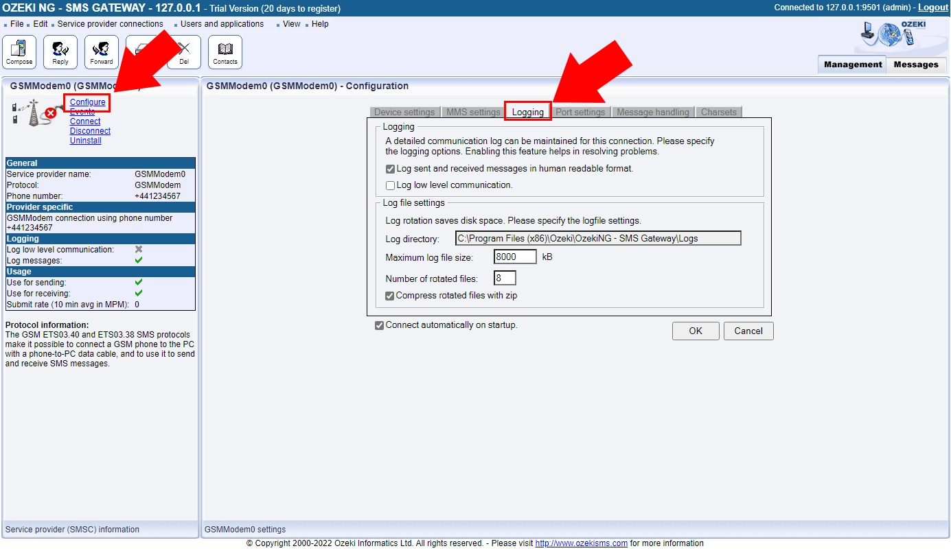 select logging tab in configuration