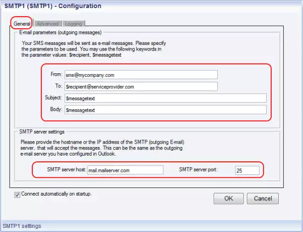 smtp email to sms connection settings