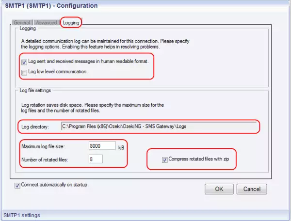 smtp email to sms connection logging tab