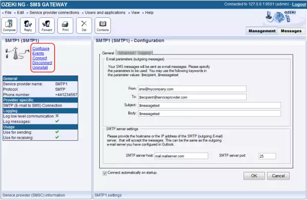 smtp email to sms connection links to operations