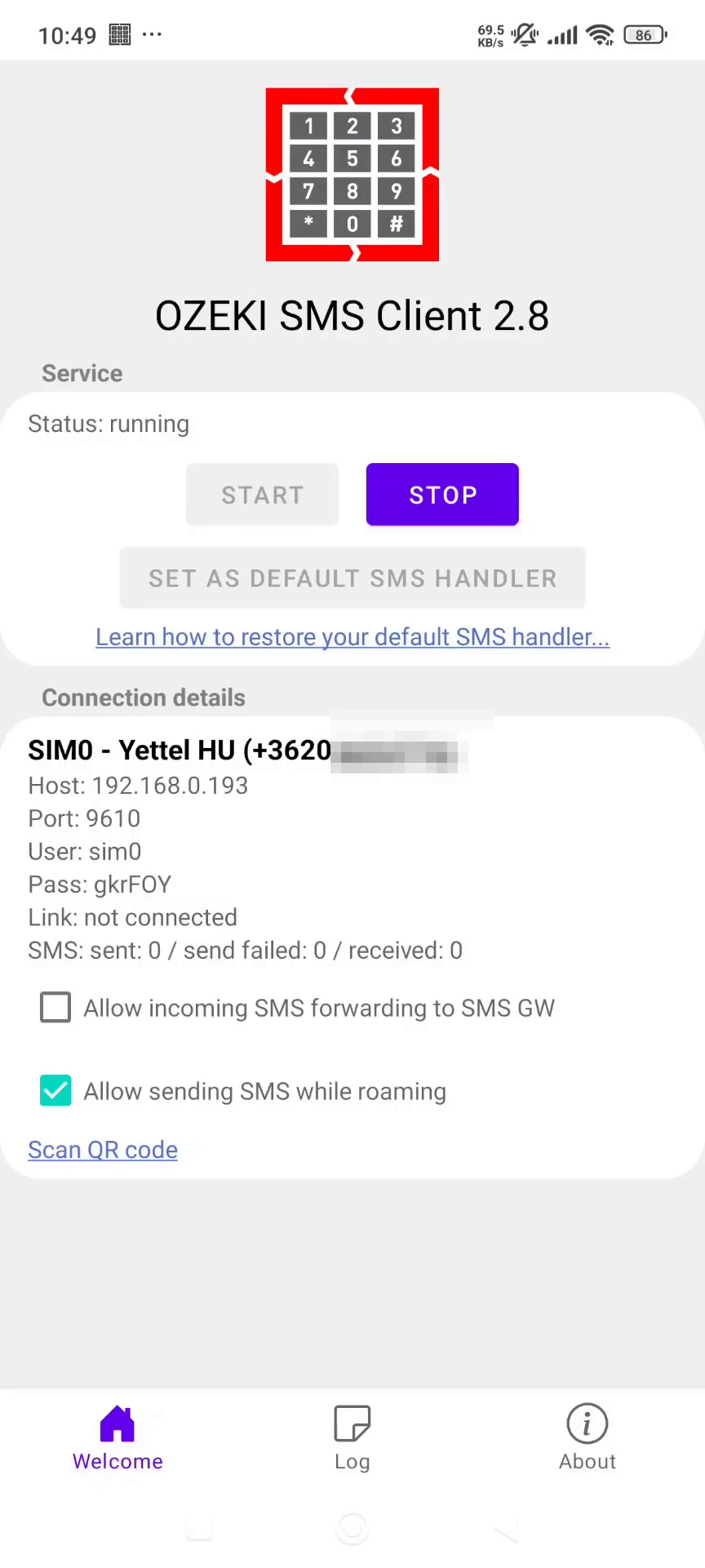 Ozeki SMS Client configured